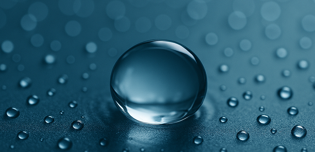 Ein großer Wassertropfen, der von vielen kleinen Tropfen umrandet ist.