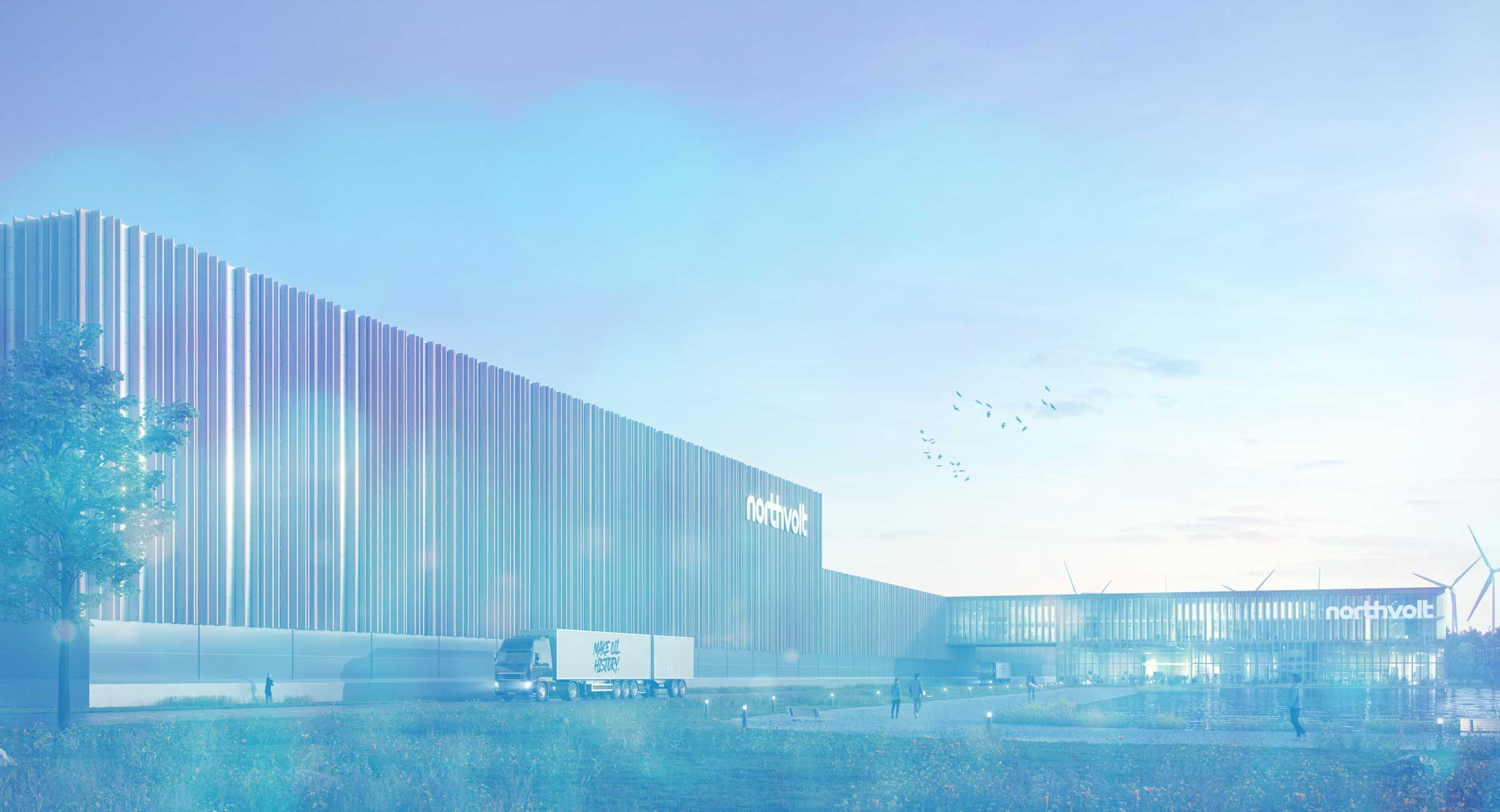 Modellbild eines Fabrikgebäudes der schwedischen Firma northvolt. Die Gebäudeanmutung ist sehr modern mit Holzstreben und Glaselementen.