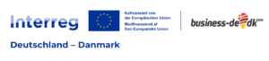 Logo des Deutschdänischen Projekts Interreg, das von der Europäischen Union kofinanziert wird. Es ist auf der linken Seite der Schriftzug Interreg zu sehen und die Europäische Flagge. Auf der rechten Seite steht das Logo des Projekts business-de-dk. mit einem Symbol, das die dänische und deutsche Flagge verbindet.