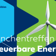 visuelles Einladungsbanner mit grafischen Pfeilelementen und Windrad. In weißer Schrift steht "Branchentreffen Erneuerbare Energien"