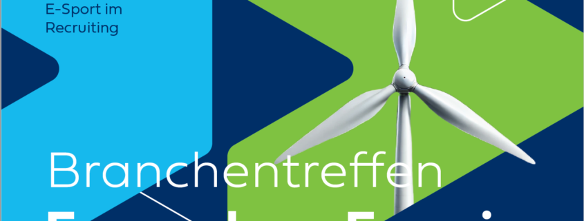 visuelles Einladungsbanner mit grafischen Pfeilelementen und Windrad. In weißer Schrift steht "Branchentreffen Erneuerbare Energien"